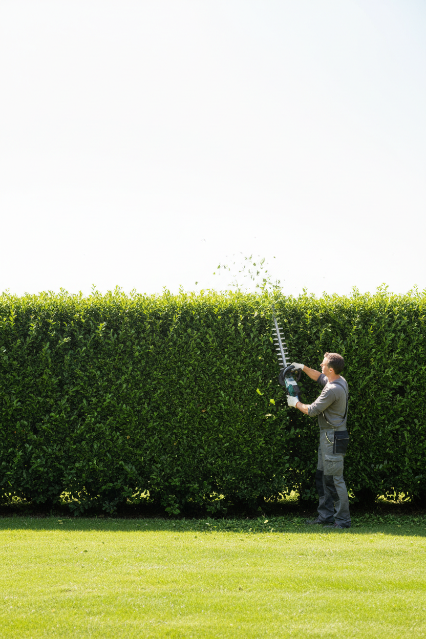 Hi würdest du mir ein Bild erstellen (hochformat) in dem eine Hecke geschnitten wird? In dem Bild sollte nur eine Hecke, ein Mensch der die Hecke schneidet, Grass und Himmel zu sehen sein. Das Licht in dem Bild sollte hell und weiß sein.