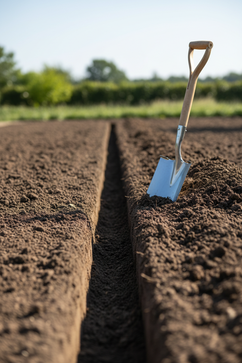 Hi würdest du mir helfen ein Bild (im hochkant Format) zu erstellen in dem ein länglicher Graben zu sehen ist in den ein Hecke gepflanzt wird erstellen? In dem Bild soll nur der längliche Graben und eine Schaufel zu sehen sein. In dem Bild soll das Licht hell und weiß sein. Und wenn Blumen zu sehen sind dann nur mit weißen Blüten oder ohne Blumen.