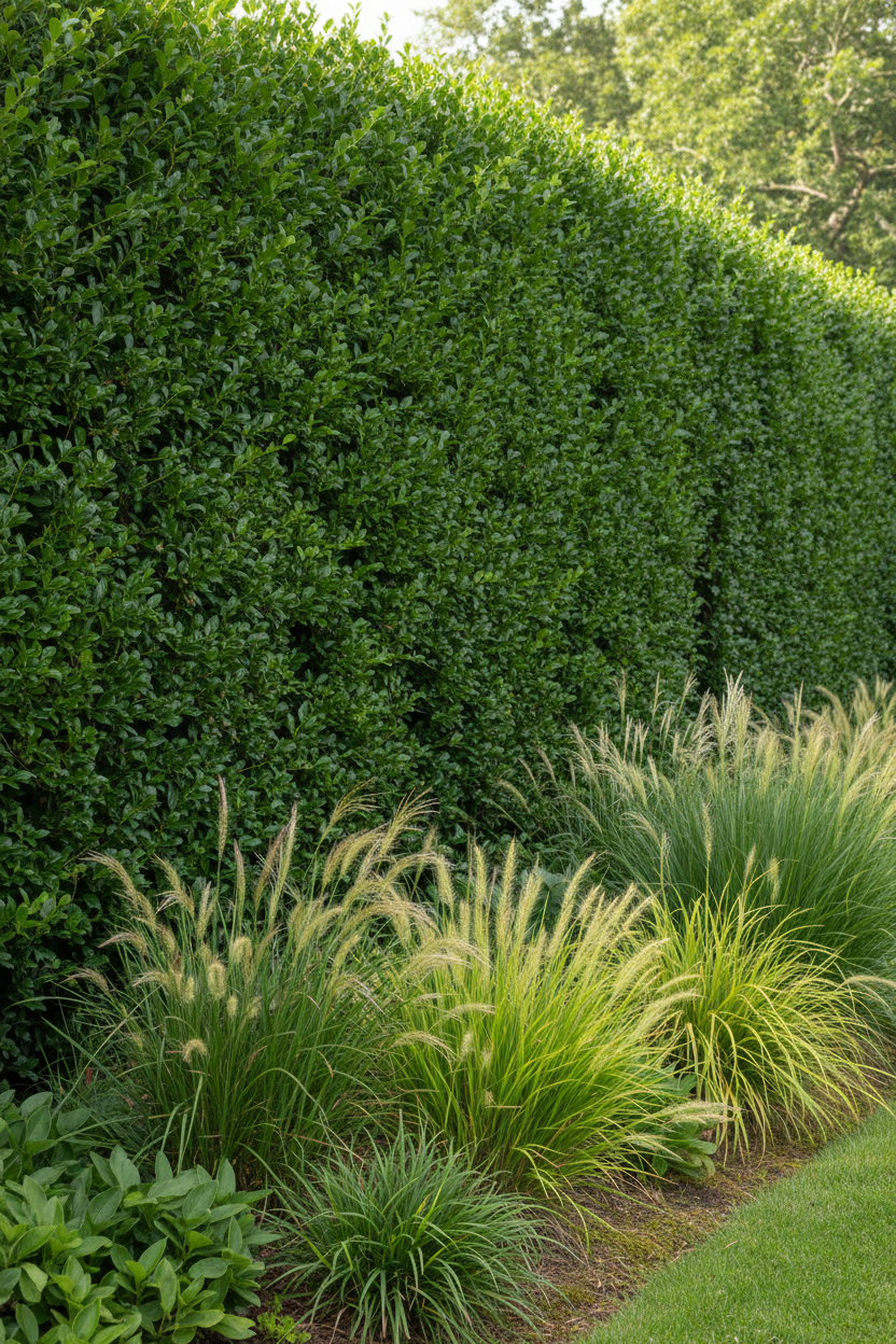 Hi würdest du mir helfen ein Bild (hochkat Format schmal und hoch) mit einer schönen größen grünen länglichen Hecke im Garten mit Gräsern drumherem zu stellen? In dem Bild sollen keine buten Blumen und nur grün sein.